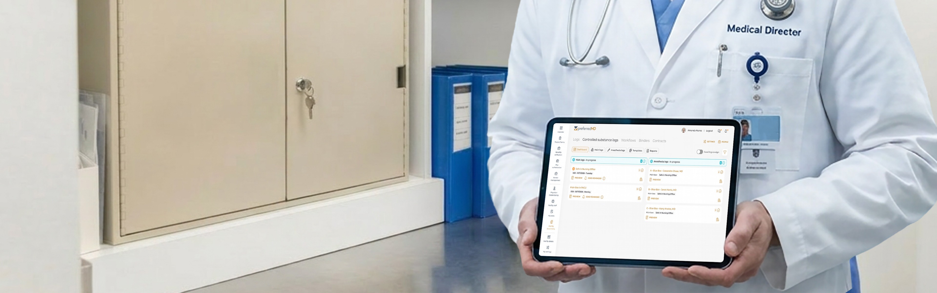Medical Director reviewing ASC controlled substance documentation on a digital tablet for DEA compliance in a surgical facility.