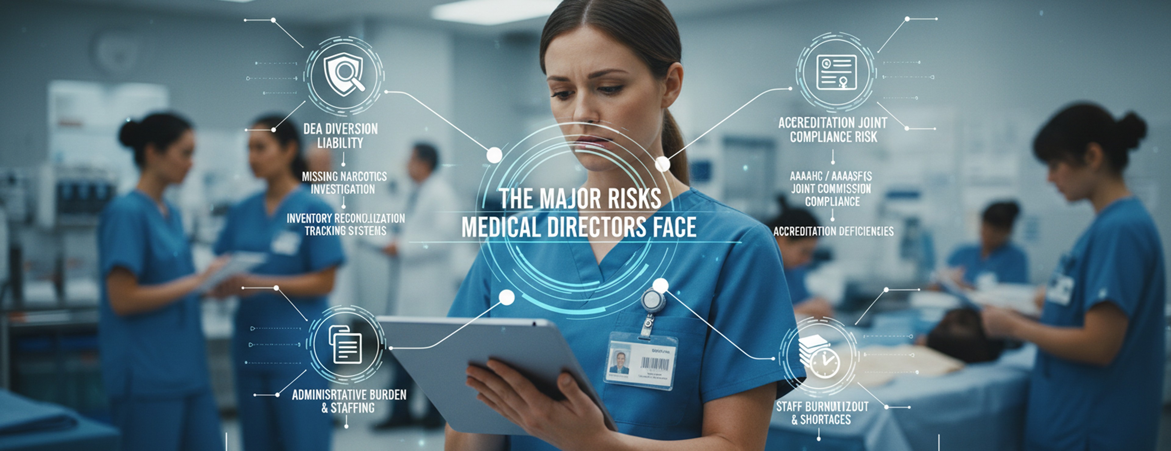 Surgical nurse holding a tablet with a glowing digital interface detailing DEA liability, accreditation compliance risks, and administrative burden for medical directors.