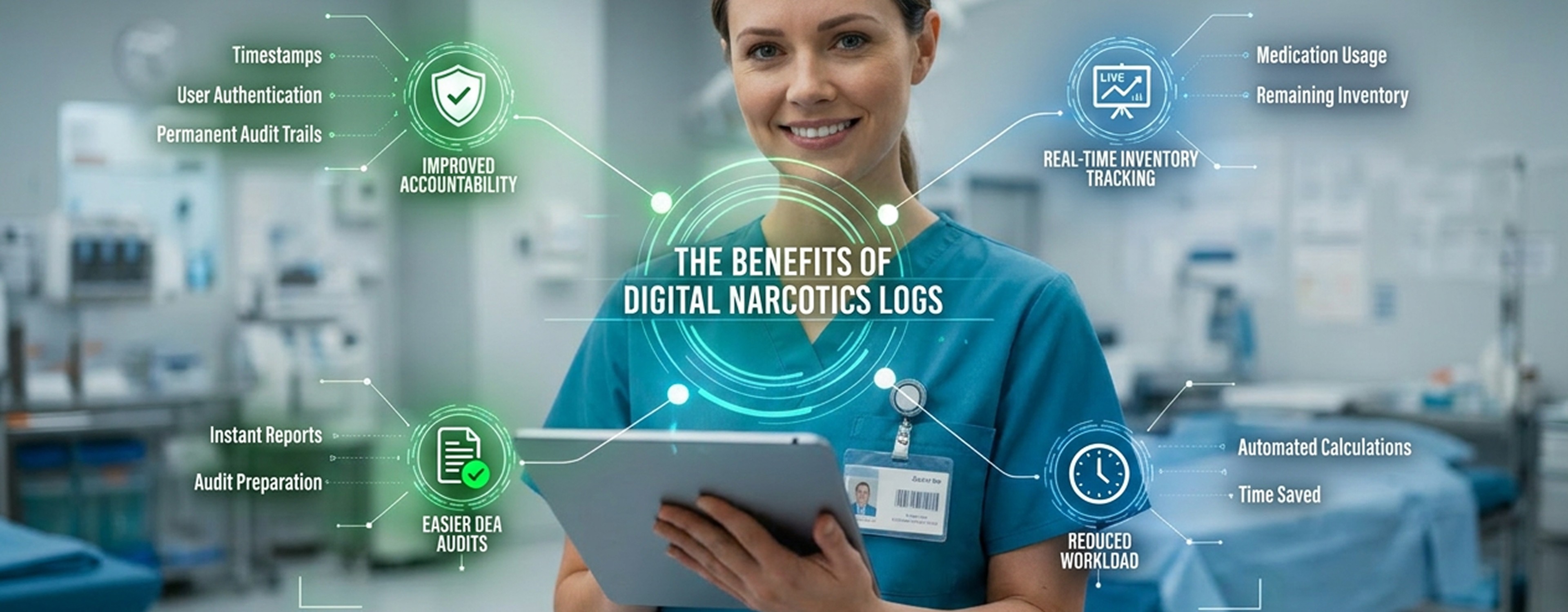 Confident surgical nurse holding a tablet with a glowing green digital interface highlighting the benefits of digital narcotics logs, including improved accountability, real-time tracking, and easier DEA audits.