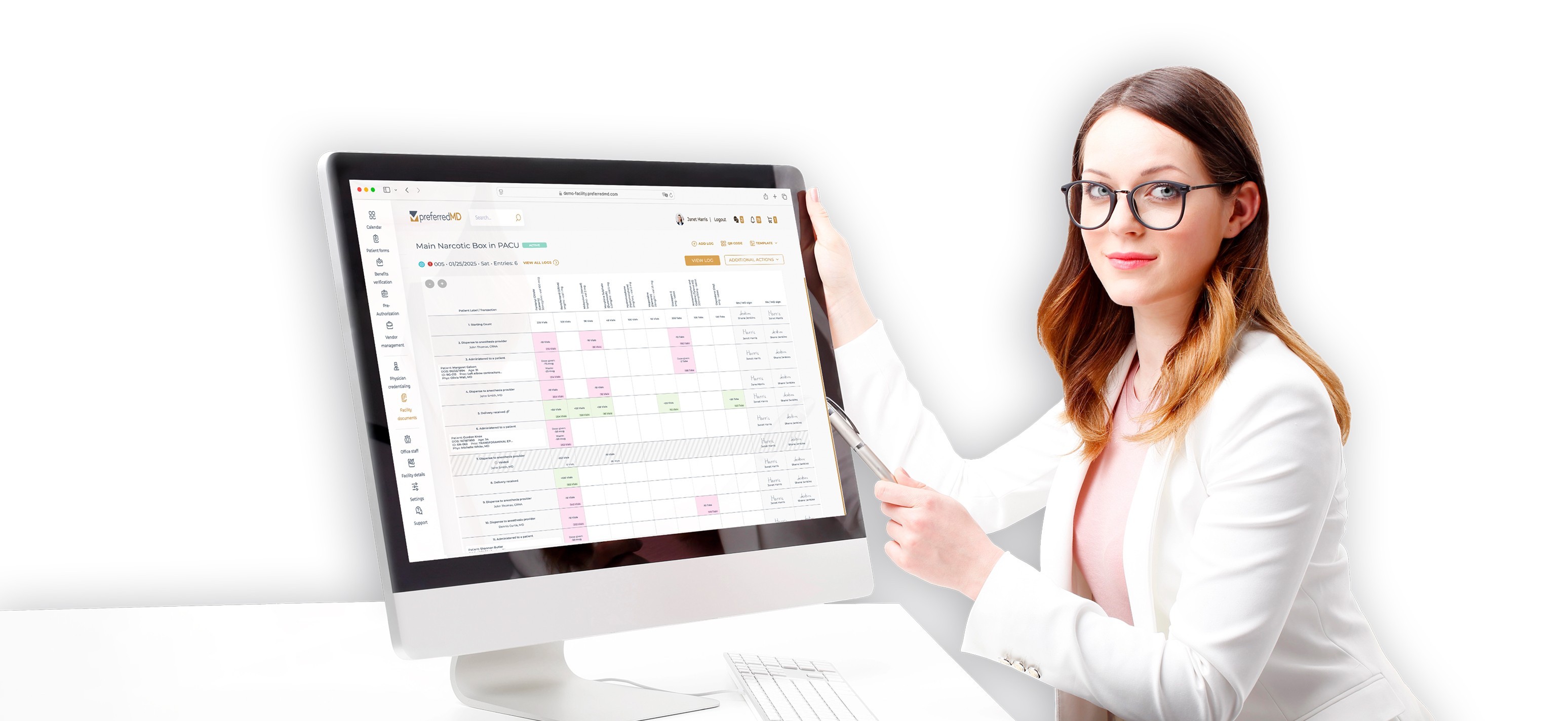 An ASC administrator at a large monitor displaying an automated digital Controlled Substance Logs software by PreferredMD Solutions. The screen features a comprehensive, color-coded inventory grid for controlled substances, representing the future of paperless medication tracking in surgical facilities.
