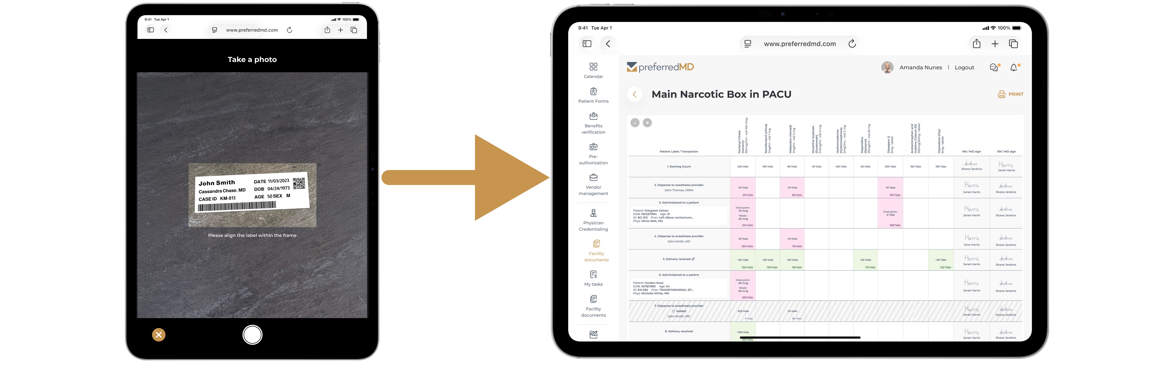 PreferredMD digital narcotic log software interface showing point-of-care patient label scanning transitioning into automated PACU controlled substance inventory tracking.