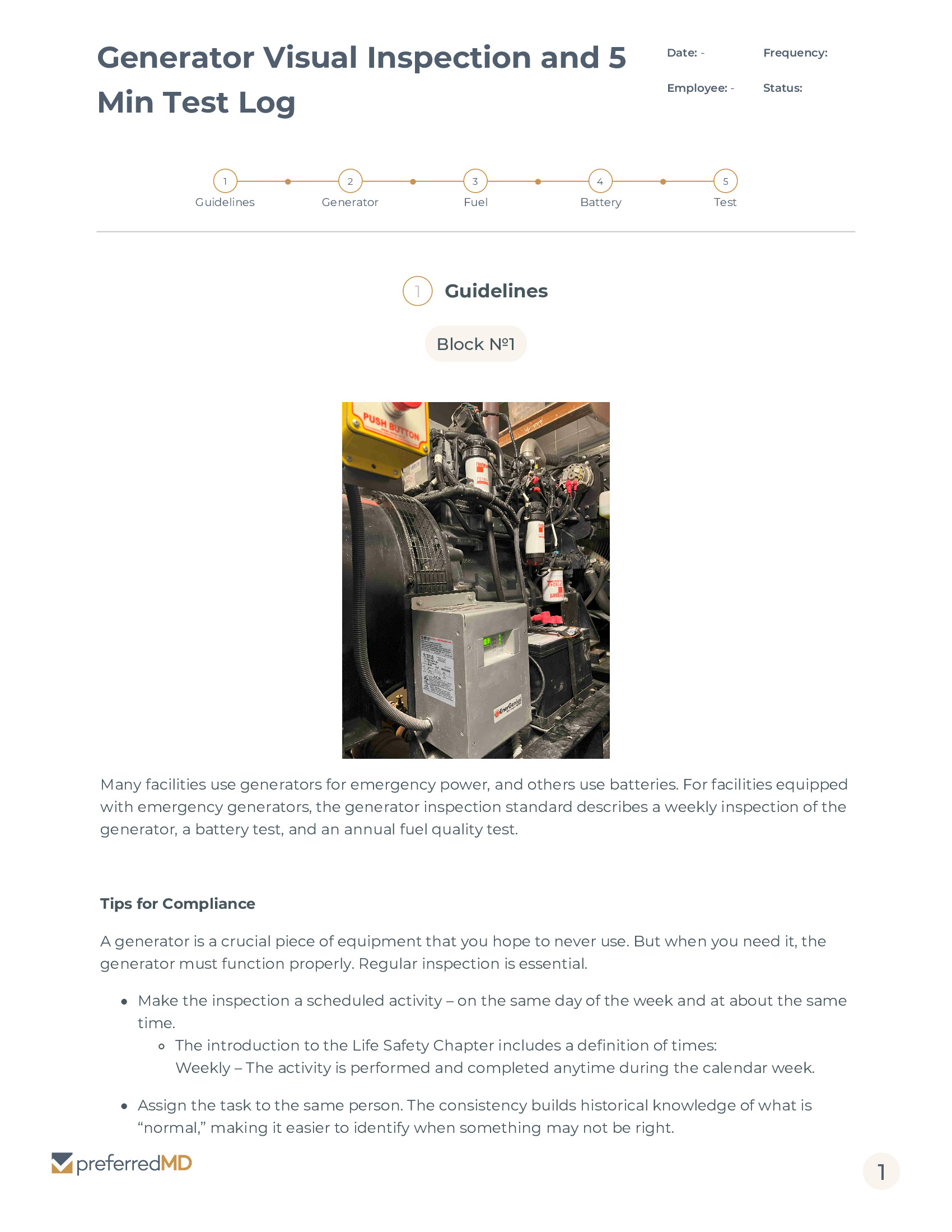 Generator Visual Inspection and 5 Min Test Log template PDF