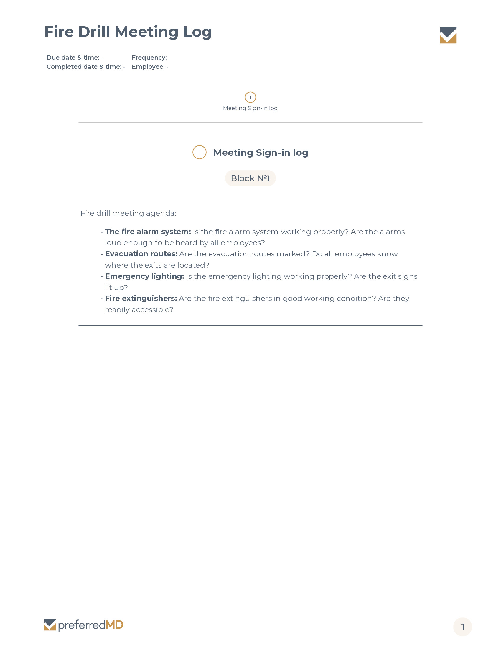 Fire Drill Meeting Log template PDF