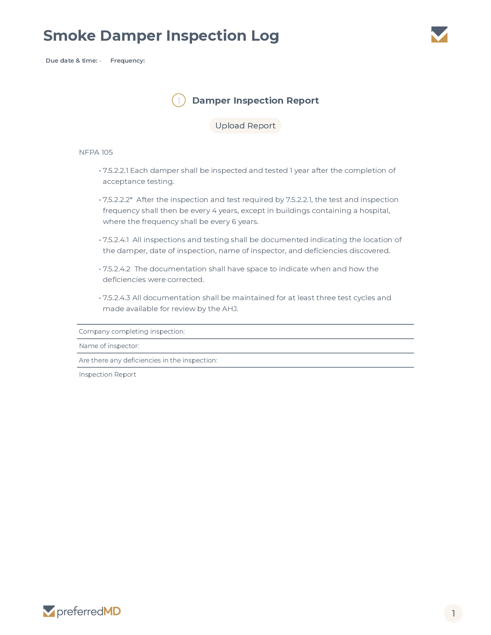 Smoke Damper Inspection Log template PDF