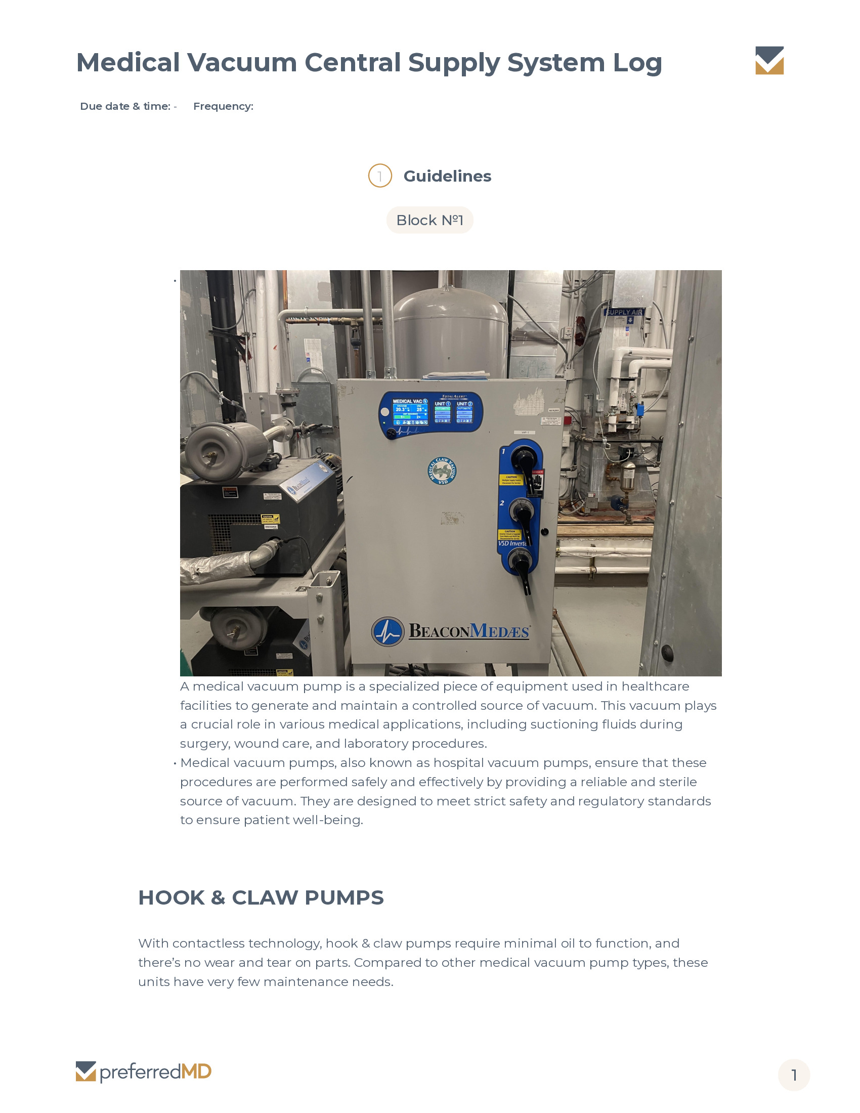 Medical Vacuum Central Supply System Log template PDF