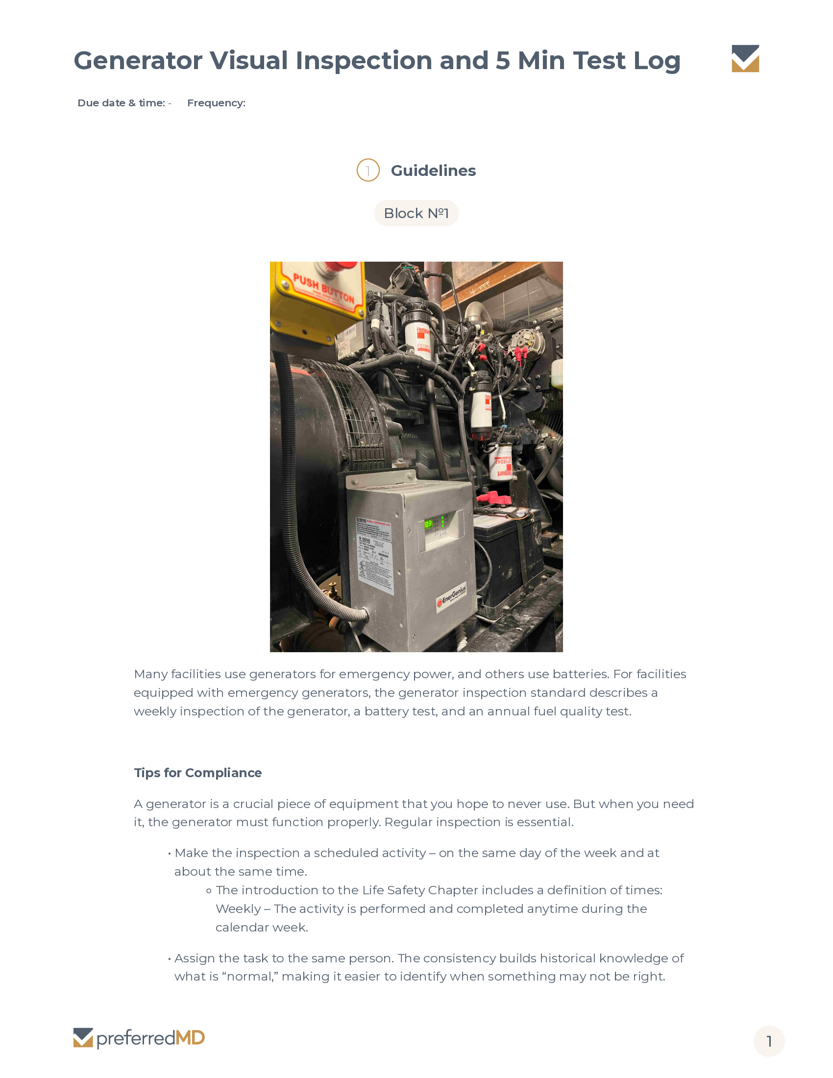 Generator Visual Inspection and 5 Min Test Log template PDF