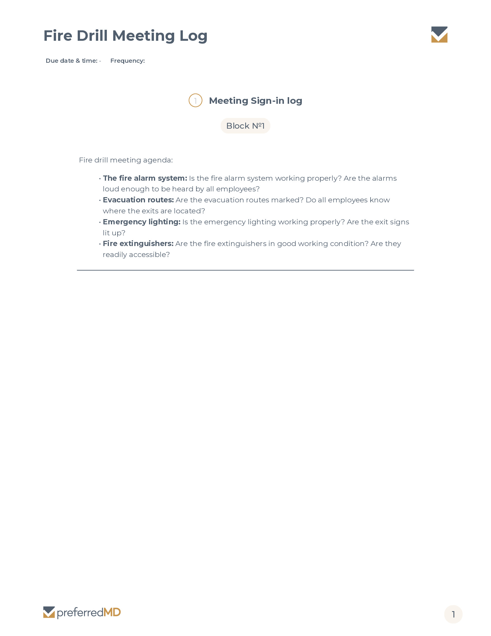 Fire Drill Meeting Log template PDF