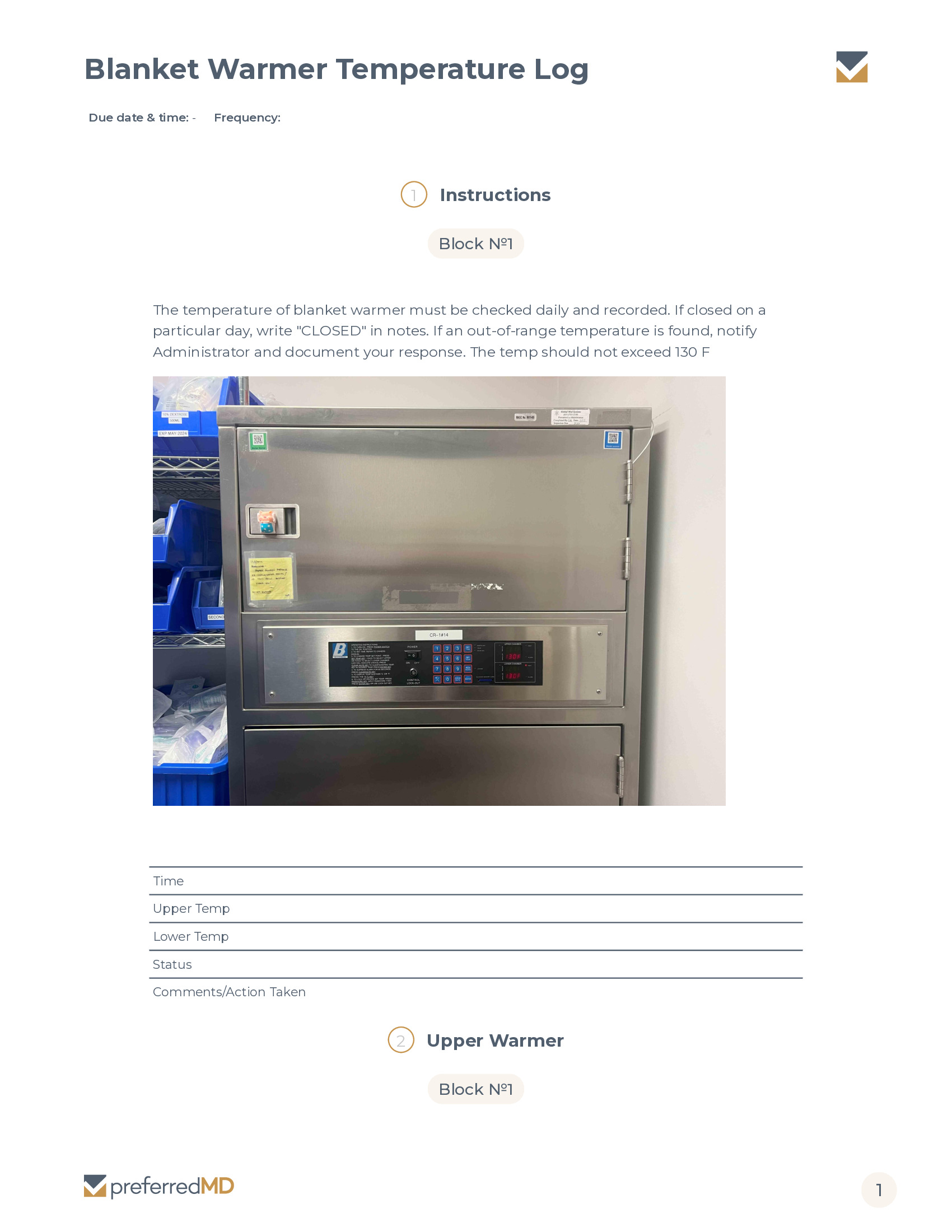 Blanket Warmer Temperature Log template PDF