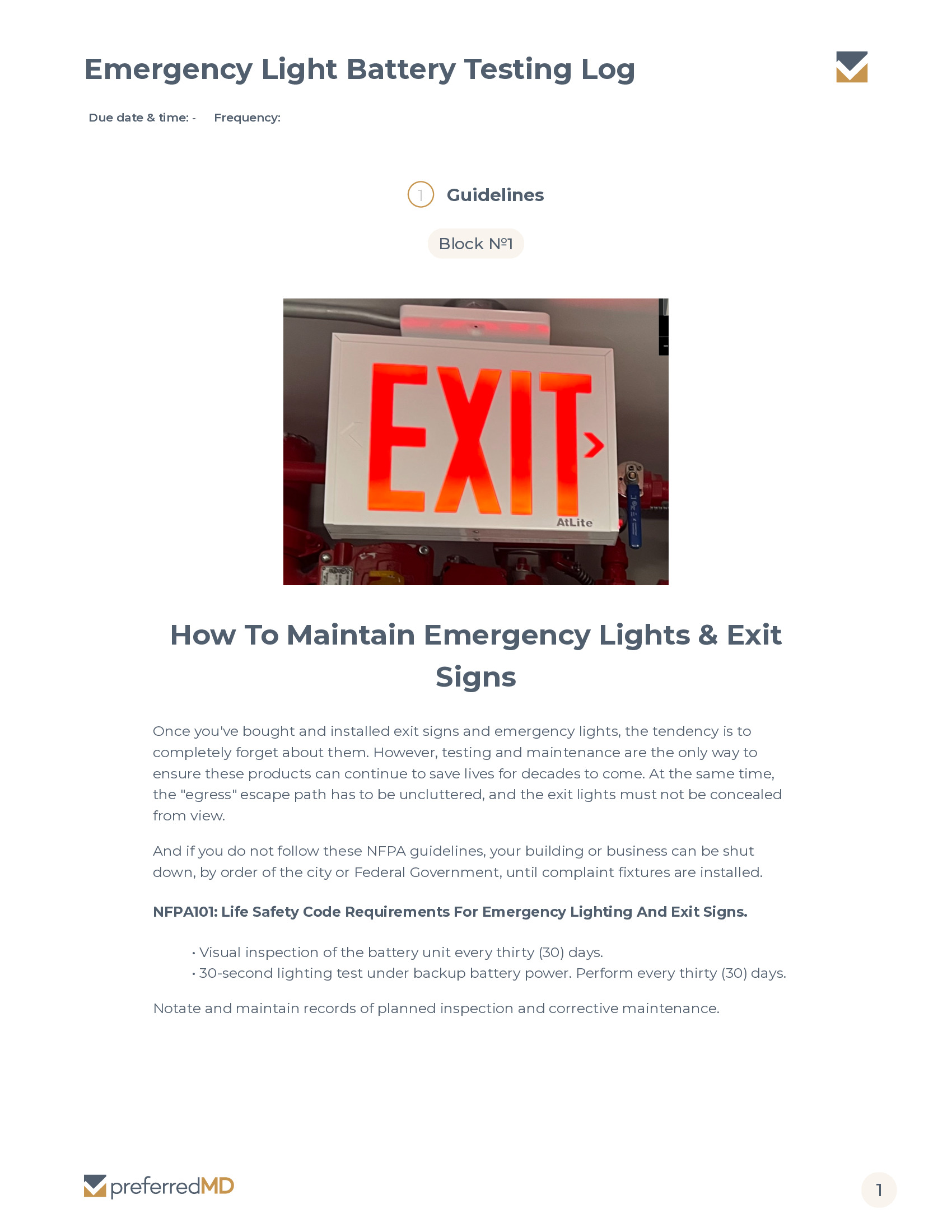 Emergency Light Battery Testing Log template PDF