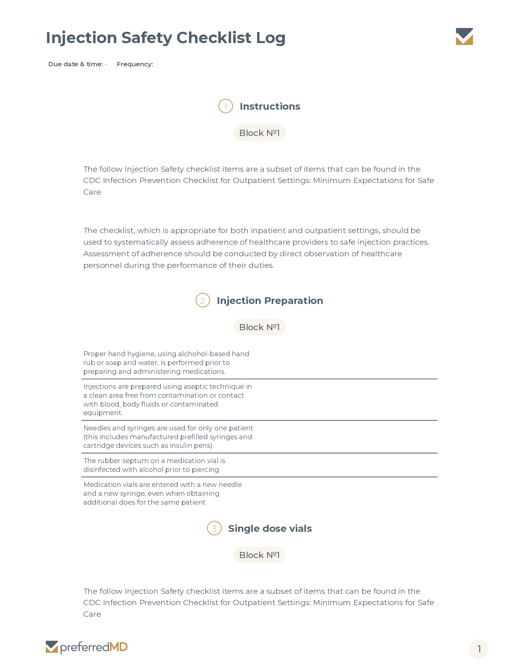 Injection Safety Checklist Log template PDF