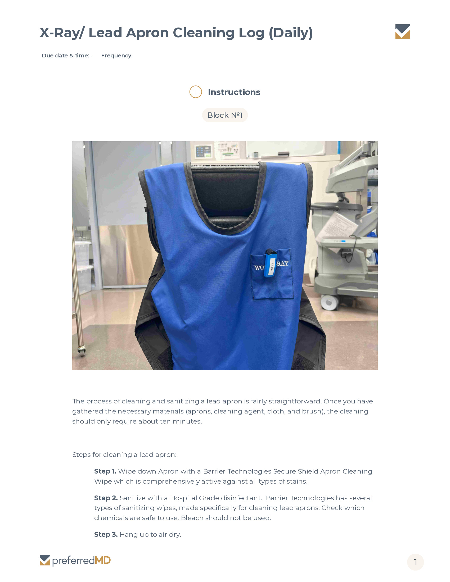 Radiology Lead Apron Cleaning Log template PDF