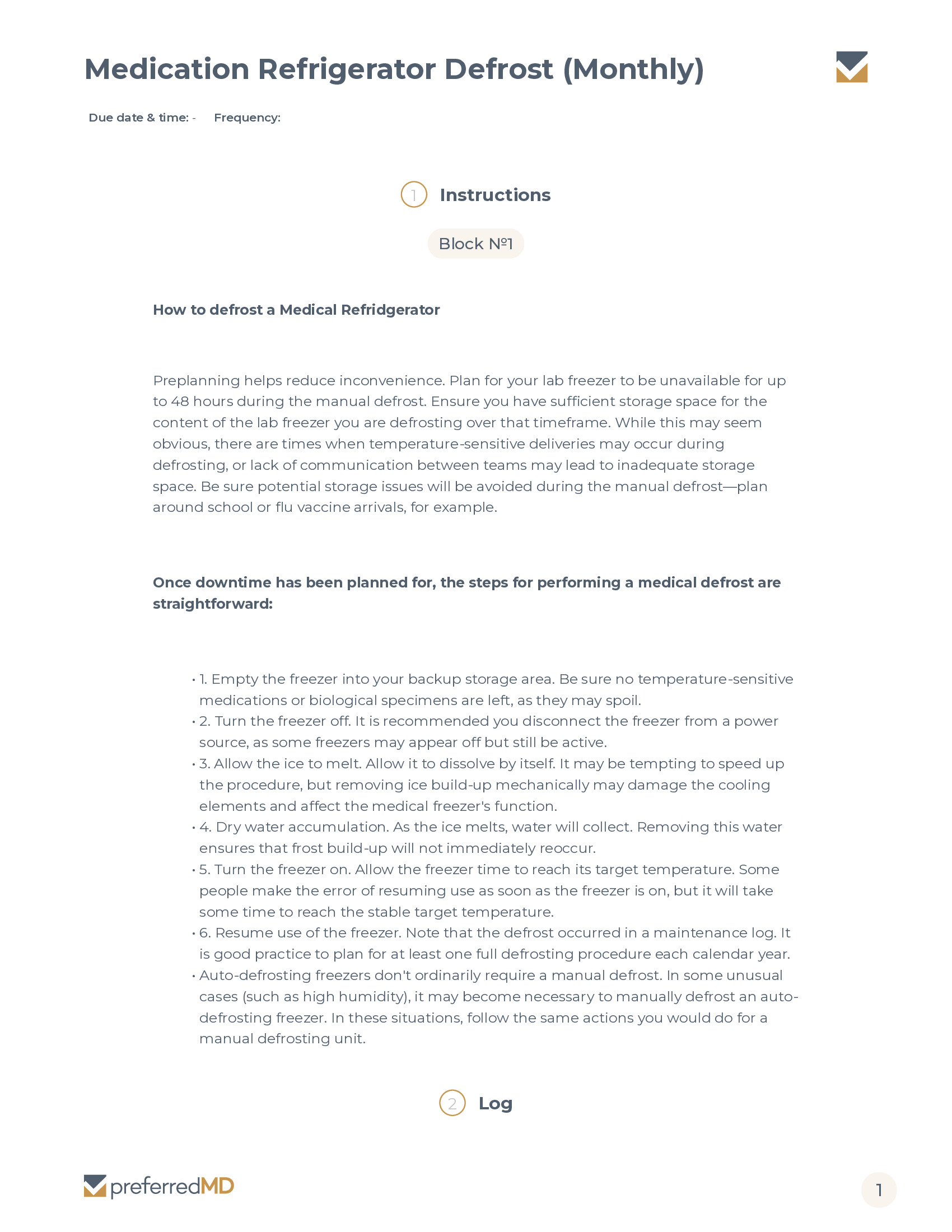 Medication Refrigerator Defrost Log template PDF